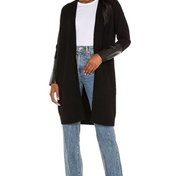 Nordstrom Leather Cashmere Black Open Front Long Cardigan Size Small - Picture 2 of 9
